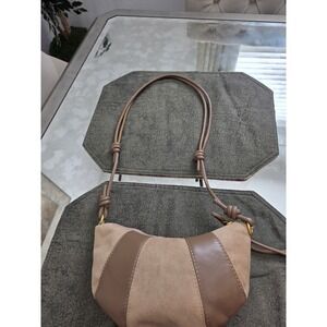 Khaki Patchwork Crescent Shoulder Bag faux Suede Leather Zip Top